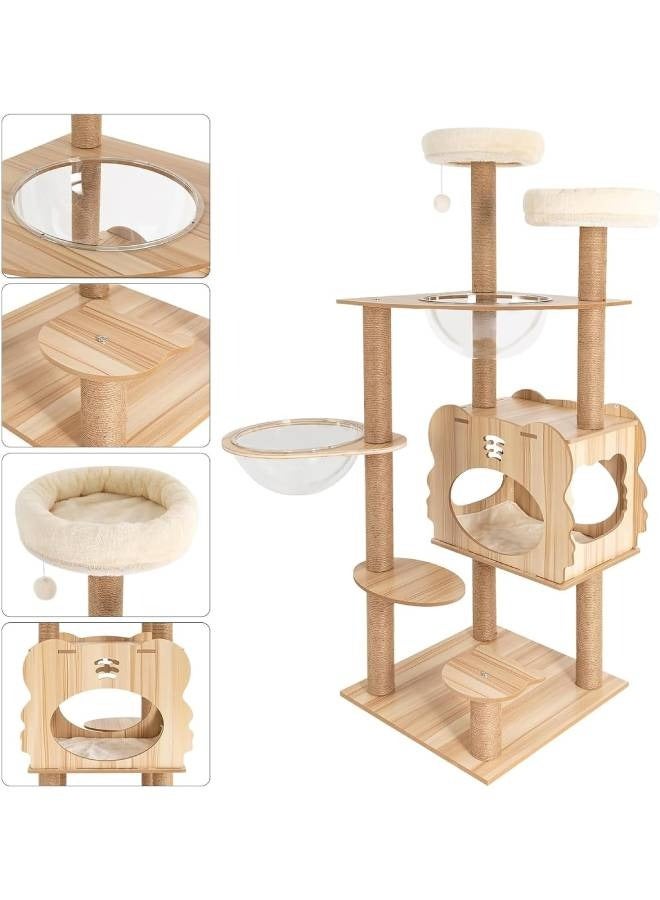 إن كي أكس شجرة قطط خشبية أنيقة متعددة المستويات مع مخبأ مريح وعناصر مرحة - Image 3