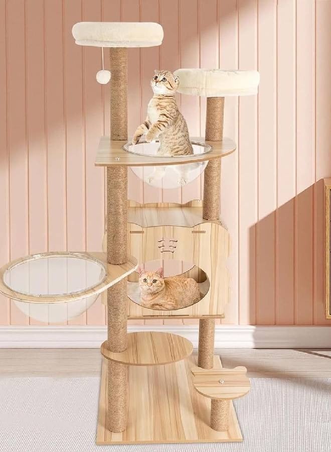 إن كي أكس شجرة قطط خشبية أنيقة متعددة المستويات مع مخبأ مريح وعناصر مرحة - Image 4