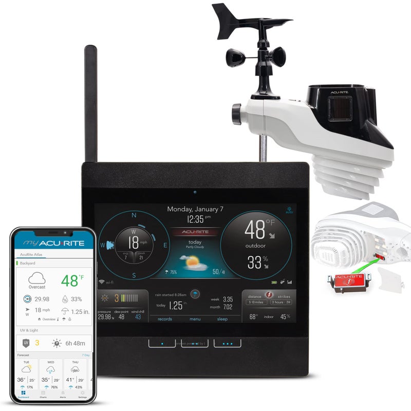 محطة الطقس الاحترافية AcuRite Atlas مع شاشة HD مباشرة إلى WiFi وكشف البرق ومقياس ضغط الهواء المدمج وقياسات درجة الحرارة والرطوبة وسرعة واتجاه الرياح وهطول الأمطار 01001M