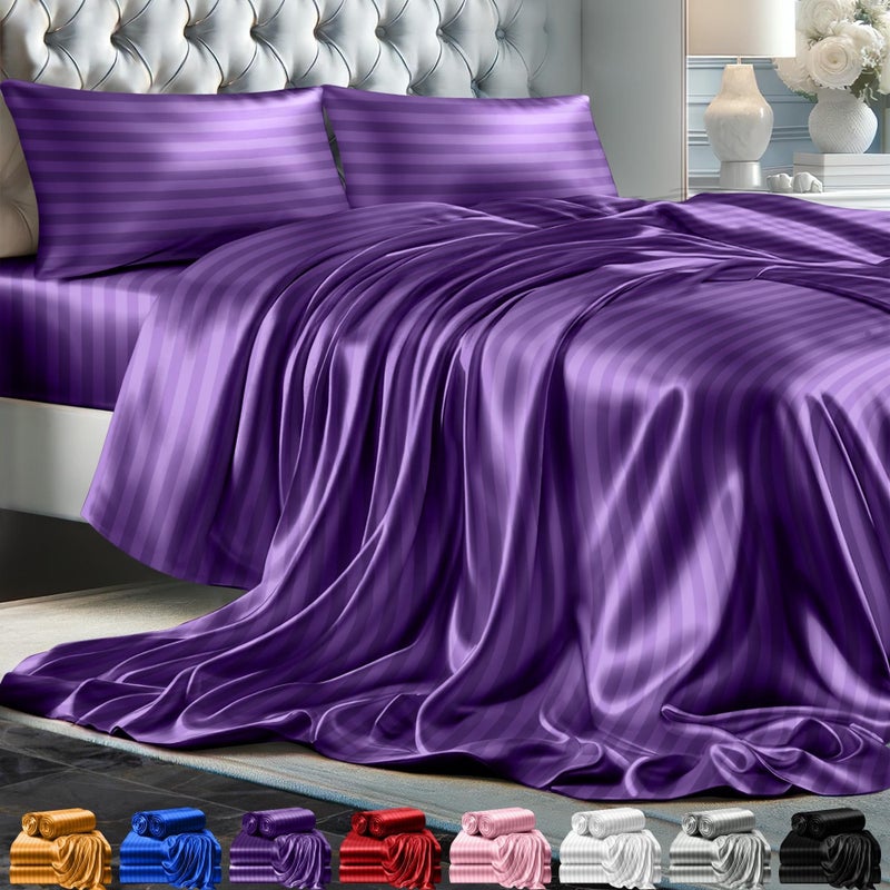 DECOLURE Striped Satin Sheet Queen Set 4pc - Luxurious Silk Feel Sheets Queen - All-Season Satin Silky Soft Queen Size Satin Bed Sheets w/Deep Pocket Fitted Sheet  Flat Sheet and Pillowcase (Purple) - Image 1