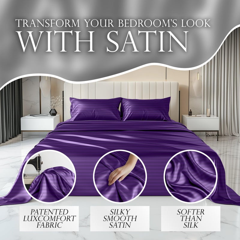 DECOLURE Striped Satin Sheet Queen Set 4pc - Luxurious Silk Feel Sheets Queen - All-Season Satin Silky Soft Queen Size Satin Bed Sheets w/Deep Pocket Fitted Sheet  Flat Sheet and Pillowcase (Purple) - Image 2
