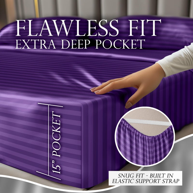 DECOLURE Striped Satin Sheet Queen Set 4pc - Luxurious Silk Feel Sheets Queen - All-Season Satin Silky Soft Queen Size Satin Bed Sheets w/Deep Pocket Fitted Sheet  Flat Sheet and Pillowcase (Purple) - Image 4