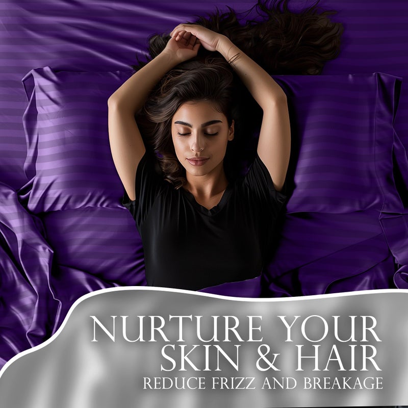 DECOLURE Striped Satin Sheet Queen Set 4pc - Luxurious Silk Feel Sheets Queen - All-Season Satin Silky Soft Queen Size Satin Bed Sheets w/Deep Pocket Fitted Sheet  Flat Sheet and Pillowcase (Purple) - Image 5