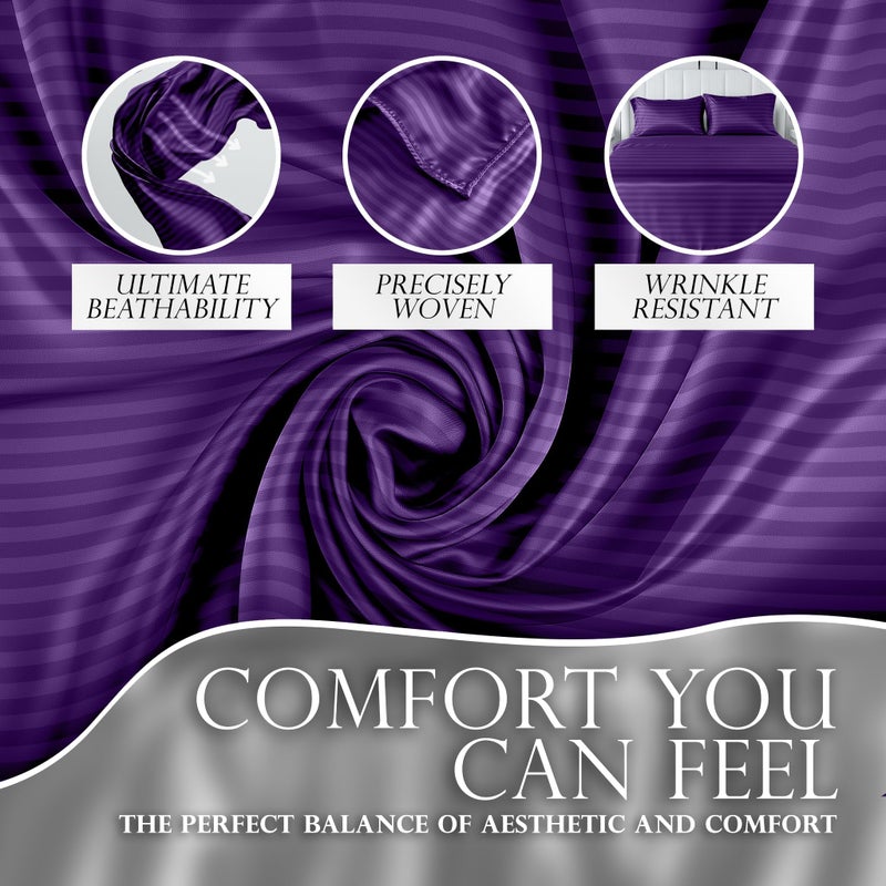 DECOLURE Striped Satin Sheet Queen Set 4pc - Luxurious Silk Feel Sheets Queen - All-Season Satin Silky Soft Queen Size Satin Bed Sheets w/Deep Pocket Fitted Sheet  Flat Sheet and Pillowcase (Purple) - Image 3
