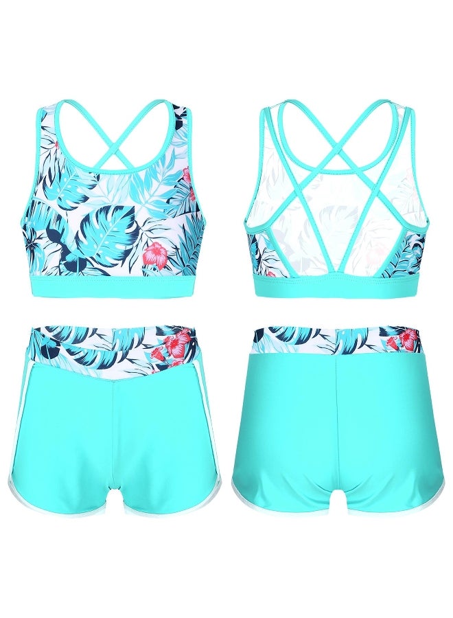 2Pcs Kids Girls Printed Swimsuit Outfit U Neck Strappy Back Crop Top with Boyshorts Shorts Bottoms Set Swimsuit for Beach Pool Swimming Bathing Suit
