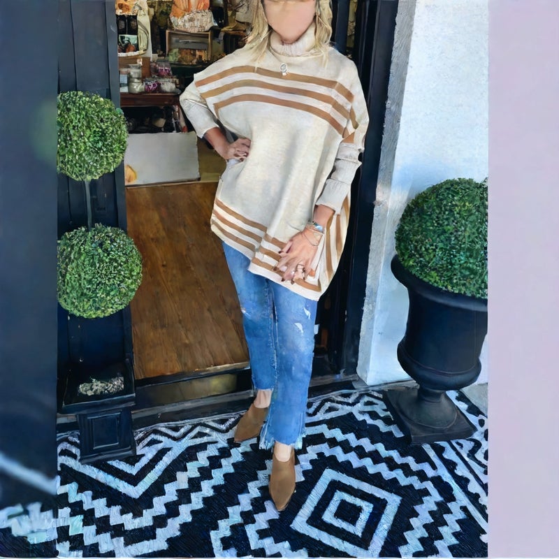 Women High Neck Knitted Batwing Sleeve Striped Sweater - Image 2