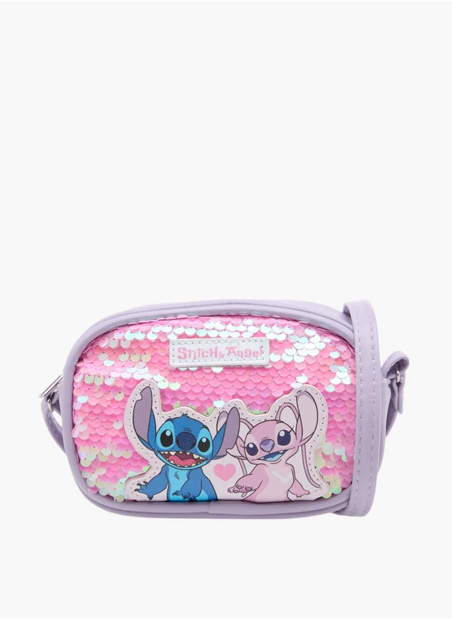 Disney Girls Angel and Stitch Print Sequin Embellished Crossbody Bag with Zip Closure