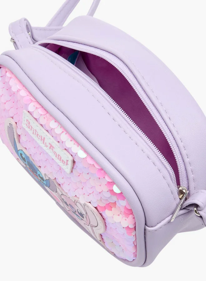 ديزني Girls Angel and Stitch Print Sequin Embellished Crossbody Bag with Zip Closure