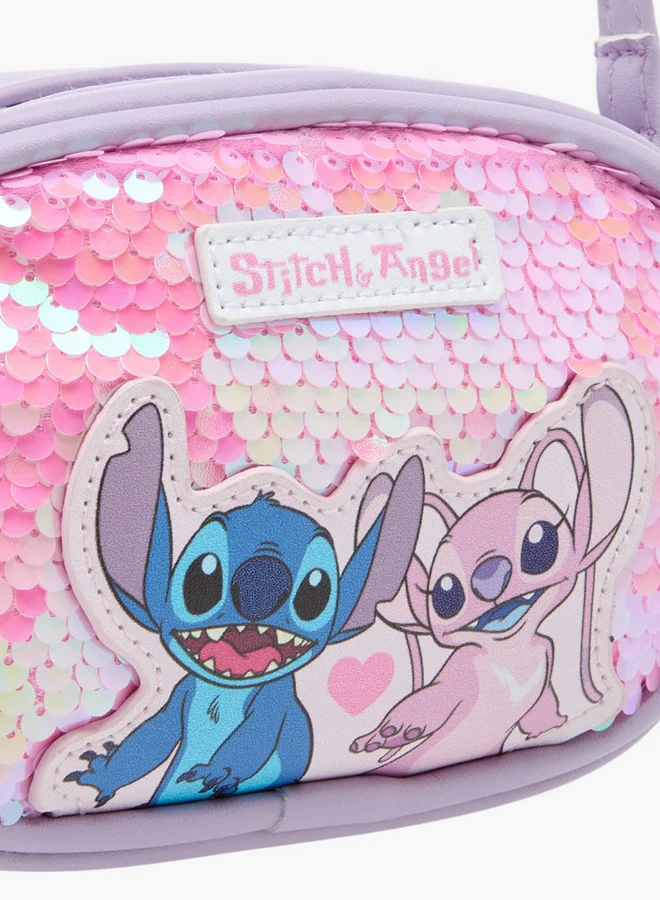 ديزني Girls Angel and Stitch Print Sequin Embellished Crossbody Bag with Zip Closure