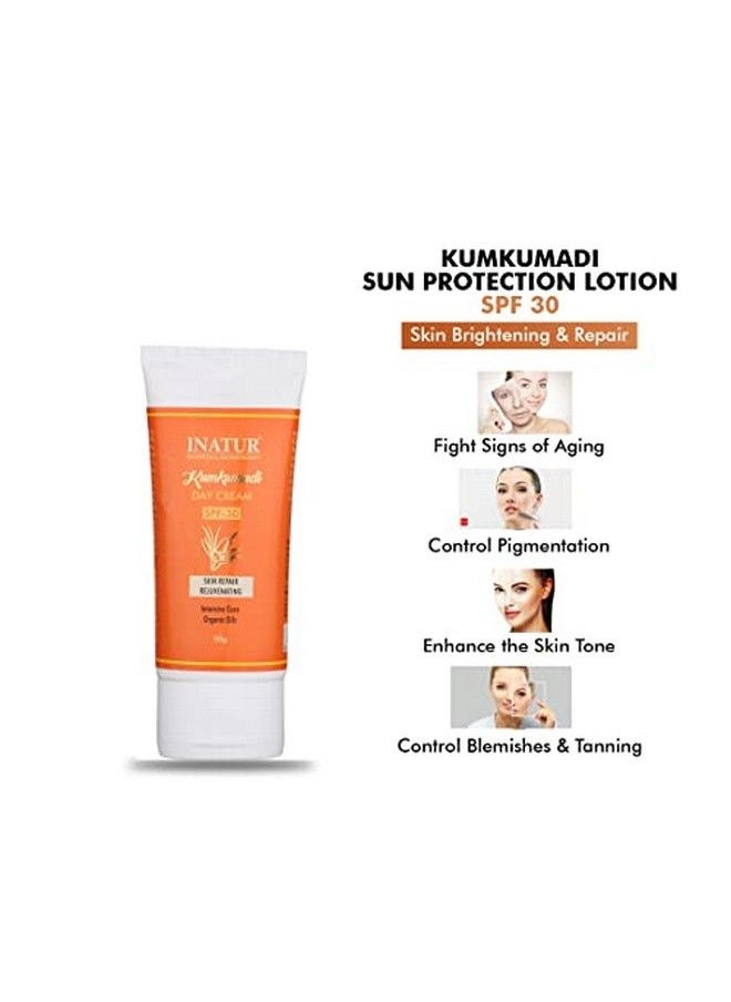 INATUR Kumkumadi Day Cream Spf30 Sunscreen ; Protection From Sunburn ; Ultralight And Waterpoof ; Enriched With Organic Oils ; Skin Repair & Rejuvenating ; For Glowing Skin ; All Skin Type ; 50G  - Image 3