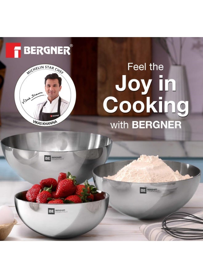 Bergner BE Essentials 4 Pcs Set of Extra Deep Tasra, Triply Stainless Steel Taslas - 18cm (1L), 20cm (1.5L), 22cm (2L) and 24cm (2.5L), Consumes Less Oil, Flared Rims - Gas Stove Compatible - Image 3