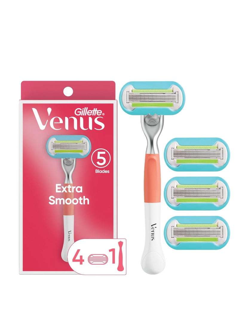 Gillette Venus Extra Smooth Pink Women's Razor Handle + 4 Blade Refills, Holiday Gifts for Women - Image 1