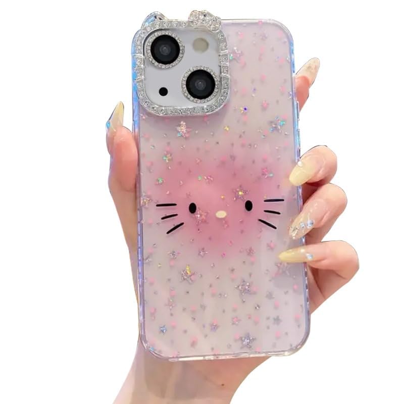 mobistyle Designed for iPhone 15 Plus Case | Sparkling Cat Pattern Camera Protection Back Cover Case for Women Girls | iPhone 15 Plus (Pink) - Image 1