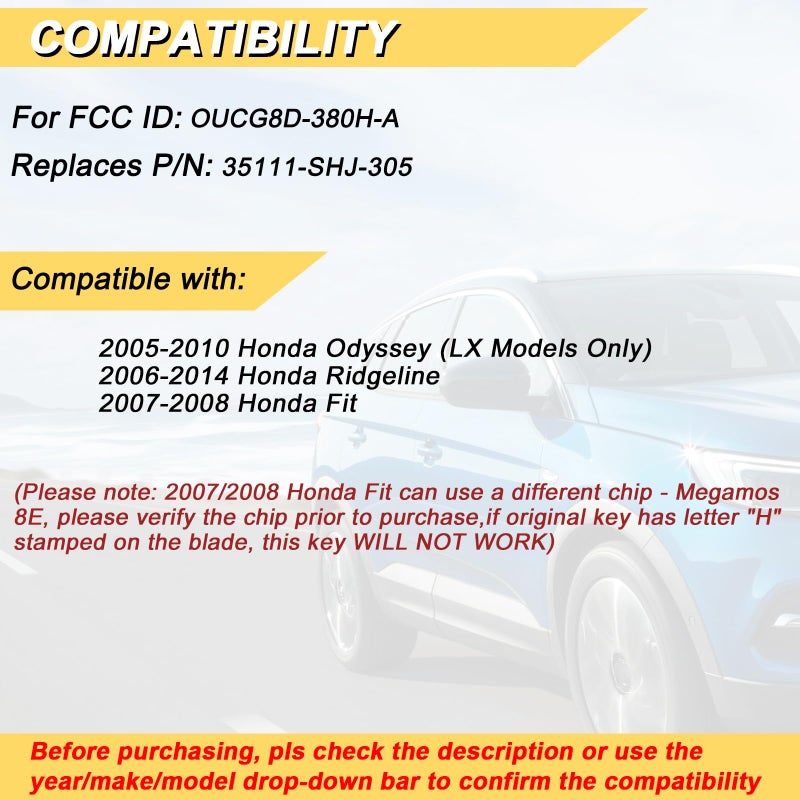 Vurkcy Key Fob Replacement for 2006-2014 Honda Ridgeline/05-10 Odyssey LX/ 07-08 Fit Car Keyless Entry Remote Control, OUCG8D-380H-A, 3 Btn, 2Pcs - Image 2