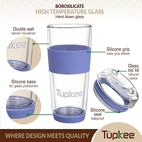 Tupkee Double Wall Glass Tumbler - 14-Ounce, All Glass Hand Blown Reusable Insulated Tea/Coffee Mug & Lid, Travel Mug - Jacaranda - Image 2