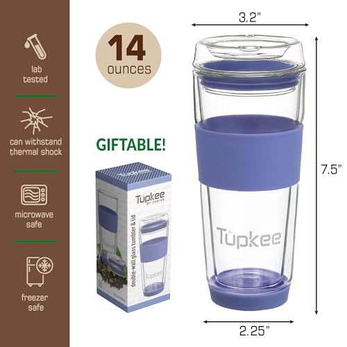 Tupkee Double Wall Glass Tumbler - 14-Ounce, All Glass Hand Blown Reusable Insulated Tea/Coffee Mug & Lid, Travel Mug - Jacaranda - Image 5