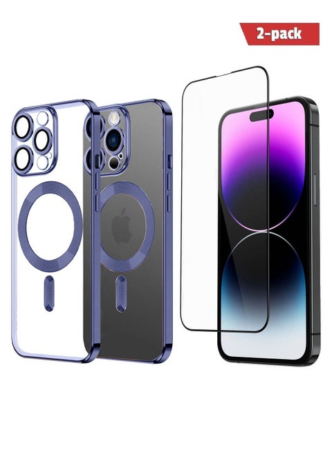 2Pack for iPhone 14 Pro Magsafe Case and Screen Protector Clear Electroplating Frame Wireless Charging Cover with Tempered Glass Violet/Clear