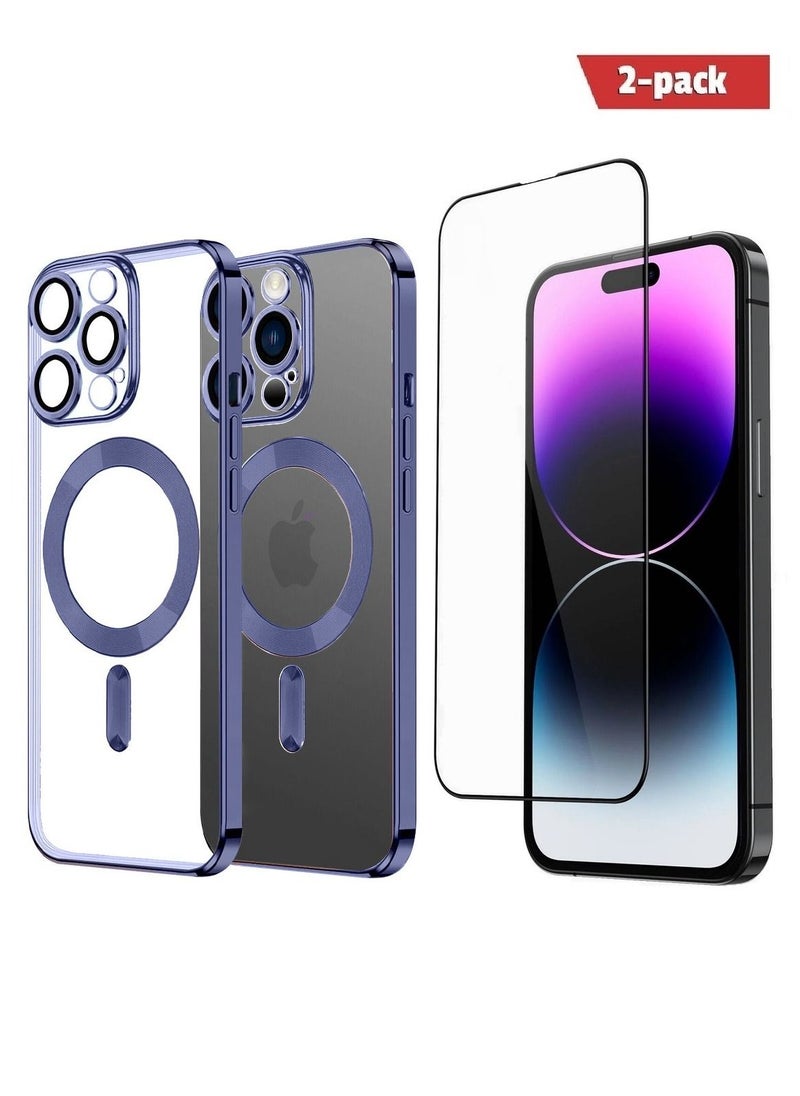 CATANES - 2Pack for iPhone 14 Pro Magsafe Case and Screen Protector Clear Electroplating Frame Wireless Charging Cover with Tempered Glass Violet/Clear - Image 1