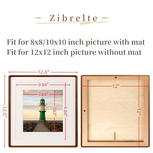 Zibrelte Natural 12x12 Picture Frame Wood with 8x8/10x10 Mat,Square Wall Photo Frames 12 by 12 Made of Solid Walnut Wood for Tabletop Gallery Wall Hanging - Image 2