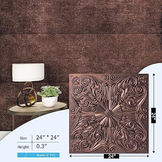 DECORATIVE CEILING TILE 2X2 GLUE UP, LAY IN CEILING TILE 24X24 PACK OF 12PCS SPANISH FLORAL IN ANTIQUE COPPER - Image 3