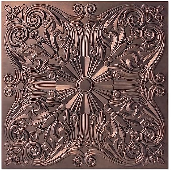 DECORATIVE CEILING TILE 2X2 GLUE UP, LAY IN CEILING TILE 24X24 PACK OF 12PCS SPANISH FLORAL IN ANTIQUE COPPER - Image 2