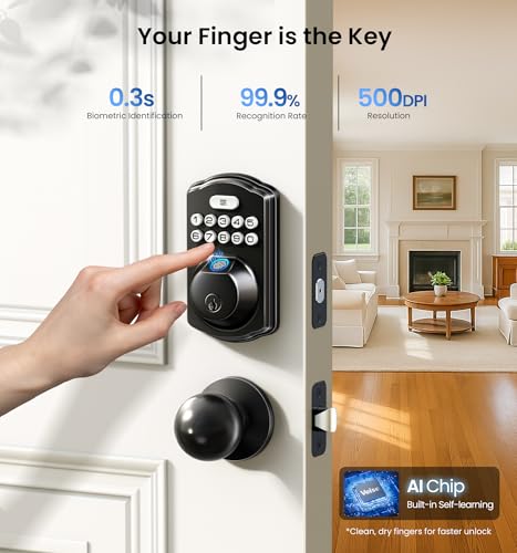 Veise Fingerprint Door Lock with 2 Knobs - Keyless Entry Door Lock with Handle, Electronic Keypad Deadbolt, Smart Front Handle Set, Auto-Locking, Waterproof, Easy Installation, Matte Black - Image 2