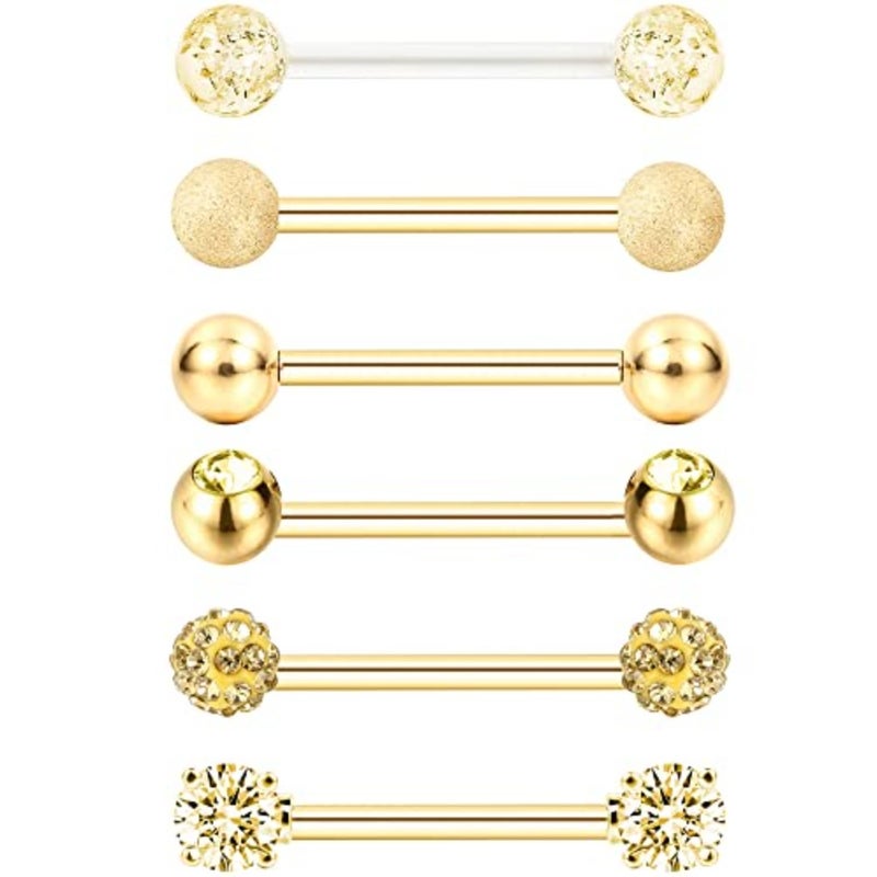 Sumind 6 Pairs Nipple Tongue Ring Stainless Steel Barbell Rings Cubic Zirconia Nipplerings Body Piercing Jewelry, 14 Gauge Gold Color - Image 2