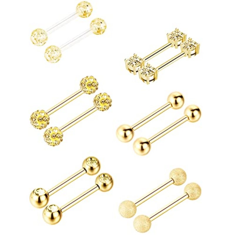Sumind 6 Pairs Nipple Tongue Ring Stainless Steel Barbell Rings Cubic Zirconia Nipplerings Body Piercing Jewelry, 14 Gauge Gold Color - Image 5