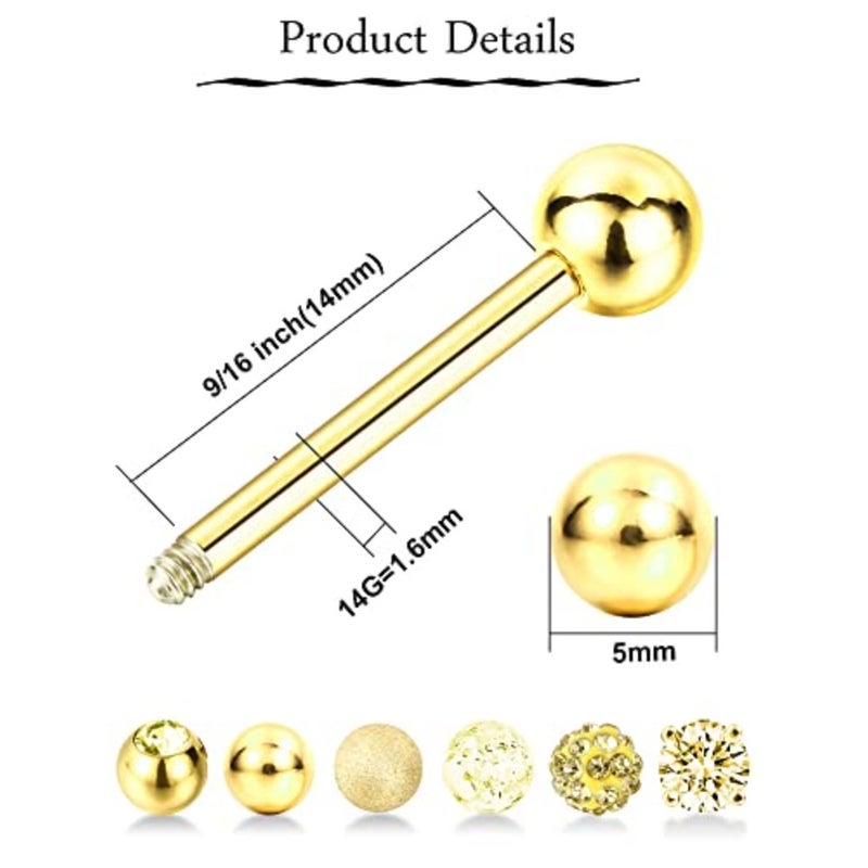 Sumind 6 Pairs Nipple Tongue Ring Stainless Steel Barbell Rings Cubic Zirconia Nipplerings Body Piercing Jewelry, 14 Gauge Gold Color - Image 3