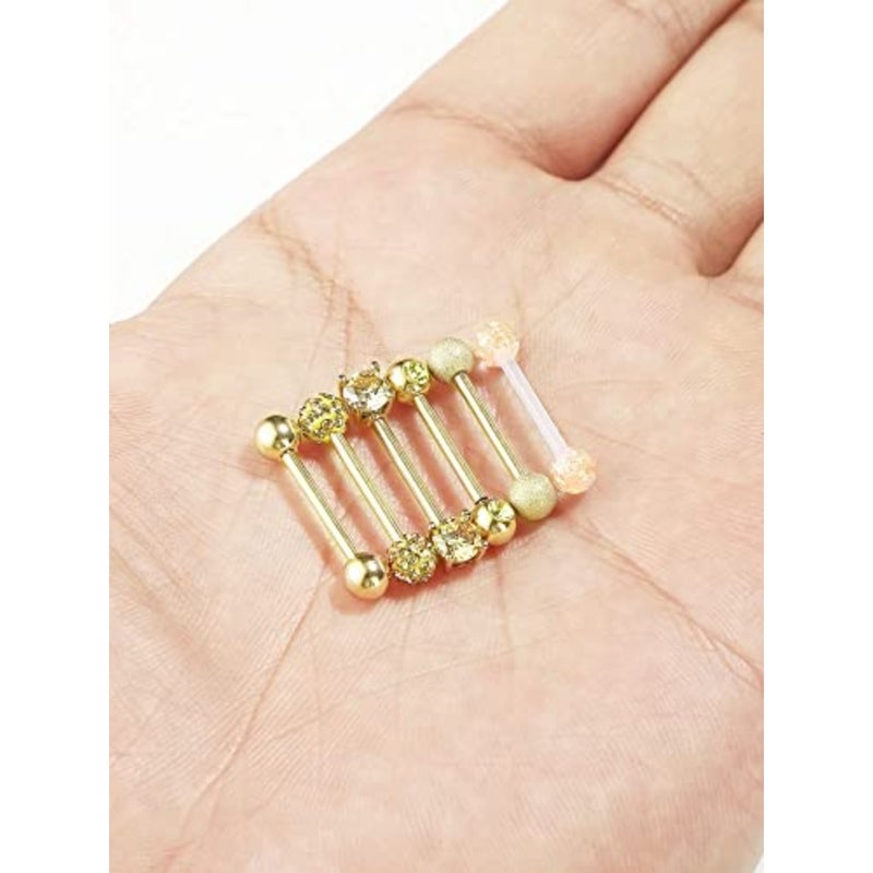Sumind 6 Pairs Nipple Tongue Ring Stainless Steel Barbell Rings Cubic Zirconia Nipplerings Body Piercing Jewelry, 14 Gauge Gold Color - Image 4