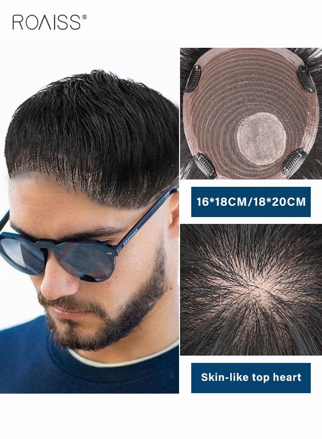 roaiss Men's Hair Layered Toupee, Natural Black Hair Pieces Short Wig Real Human Hair Topper Clip for Male for Covering White or Loss Hair, Hair Extensions Daily Wear - Image 1