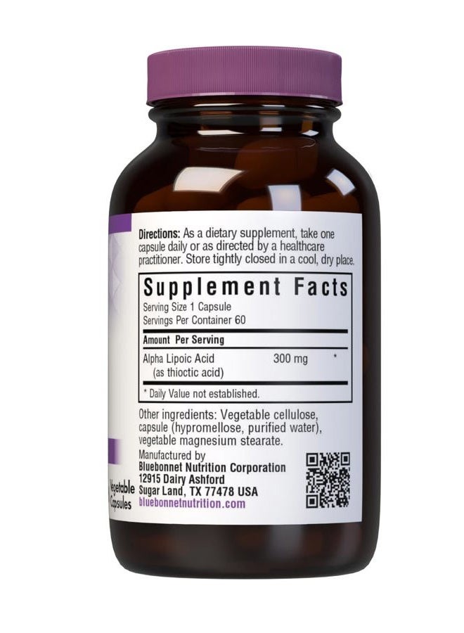 Bluebonnet كبسولات ألفا ليبويك أسيد النباتية، 300 ملغ، 60 حبة، بيضاء - Image 2