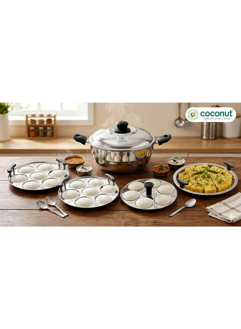 Coconut Stainless Steel Idli & Dhokla Steamer 4.5L | 20 Idli Capacity | Heavy Gauge | Induction & Gas Compatible | Sandwich Bottom | Multipurpose Steamer with SS Lid for Momos & Veggies - Image 2