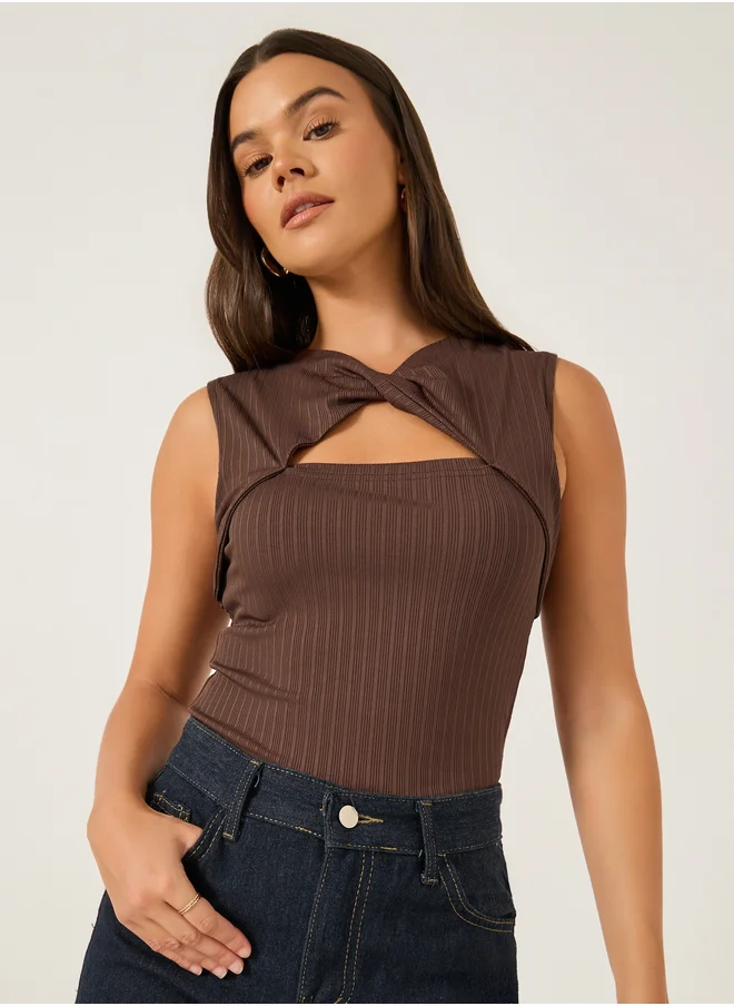 Styli Ribbed Cut Out Detail Sleeveless Top with Twist Front