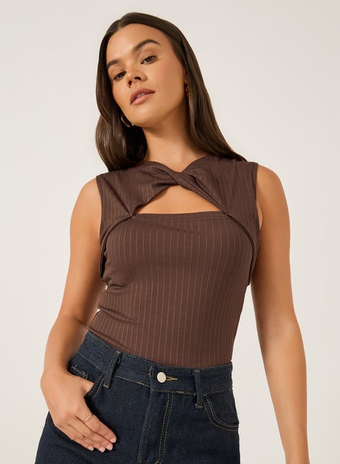 Ribbed Cut Out Detail Sleeveless Top with Twist Front