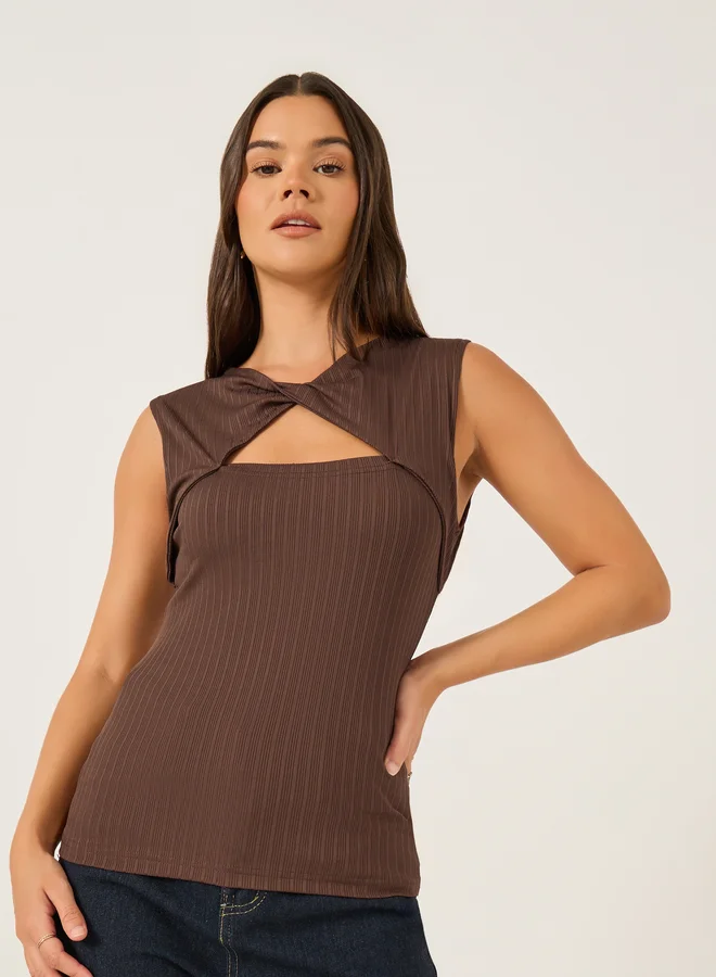 Styli Ribbed Cut Out Detail Sleeveless Top with Twist Front