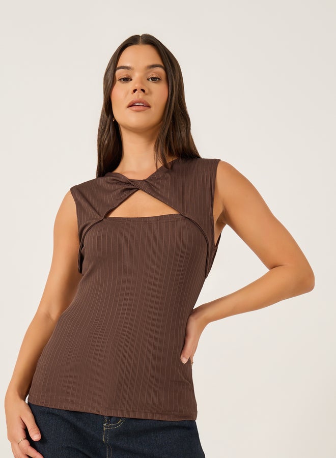 Styli Ribbed Cut Out Detail Sleeveless Top with Twist Front  - Image 3