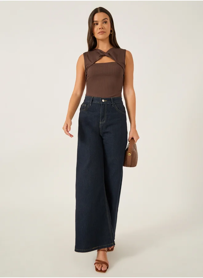 Styli Ribbed Cut Out Detail Sleeveless Top with Twist Front
