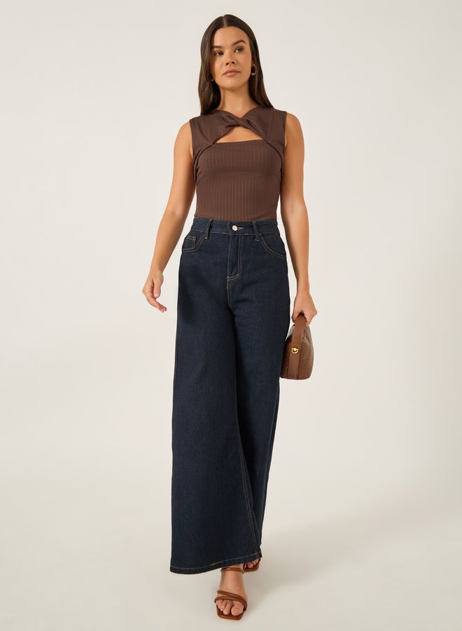 Styli Ribbed Cut Out Detail Sleeveless Top with Twist Front  - Image 2