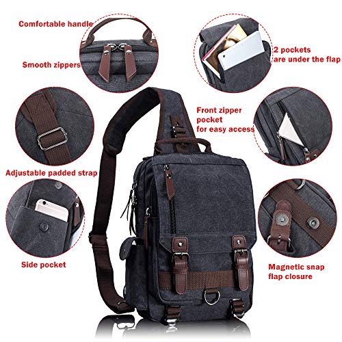 Leaper Retro Crossbody Bag Sling Bag Canvas Messenger Bag for Men Women Shoulder Bag Crossbody Handbags Satchel Black, M - Image 4