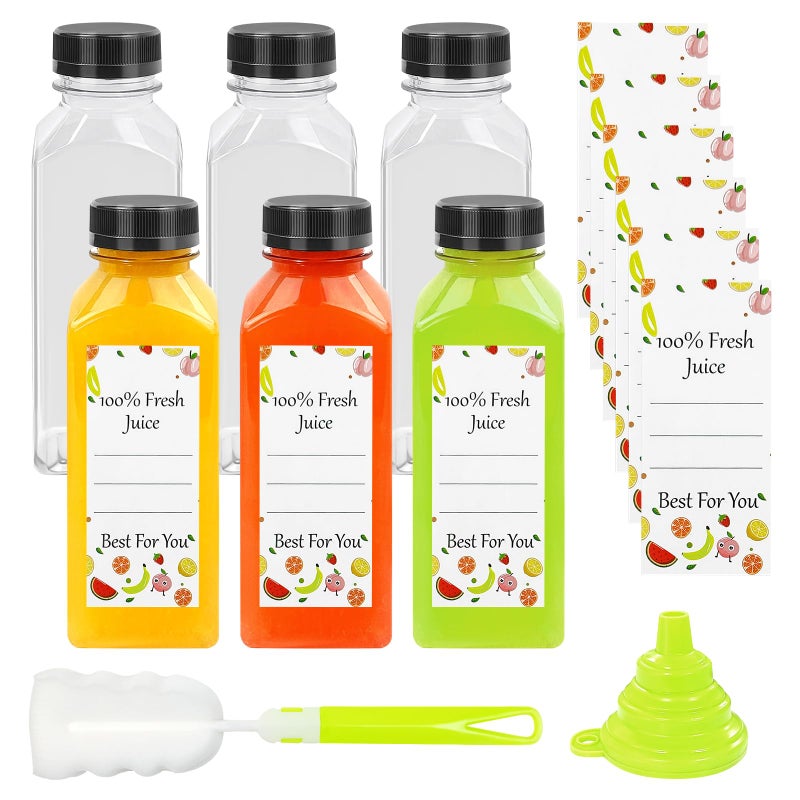 JOBVERT 12OZ Plastic Juice Bottles with Caps,6pcs Clear Water Bottle with Labels and Brush,Reusable Leak Proof Sealing Cover for Juice, Milkshake, Homemade Drinks - Image 1
