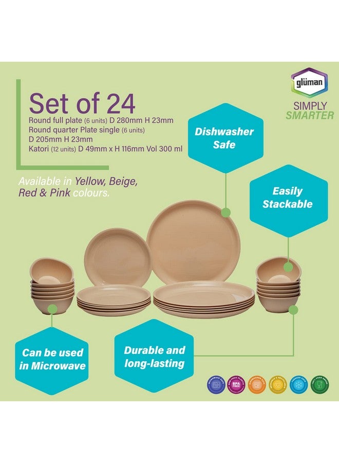 Gluman Round Plastic Dinner Set | Plastic Unbreakable Dinner Set | Big Plates Set of 6, Quarter Plates Set of 6 & 12 Pieces Katori | 100% Food Grade | Microwave, Dishwasher & Freezer Safe (Beige) - Image 3