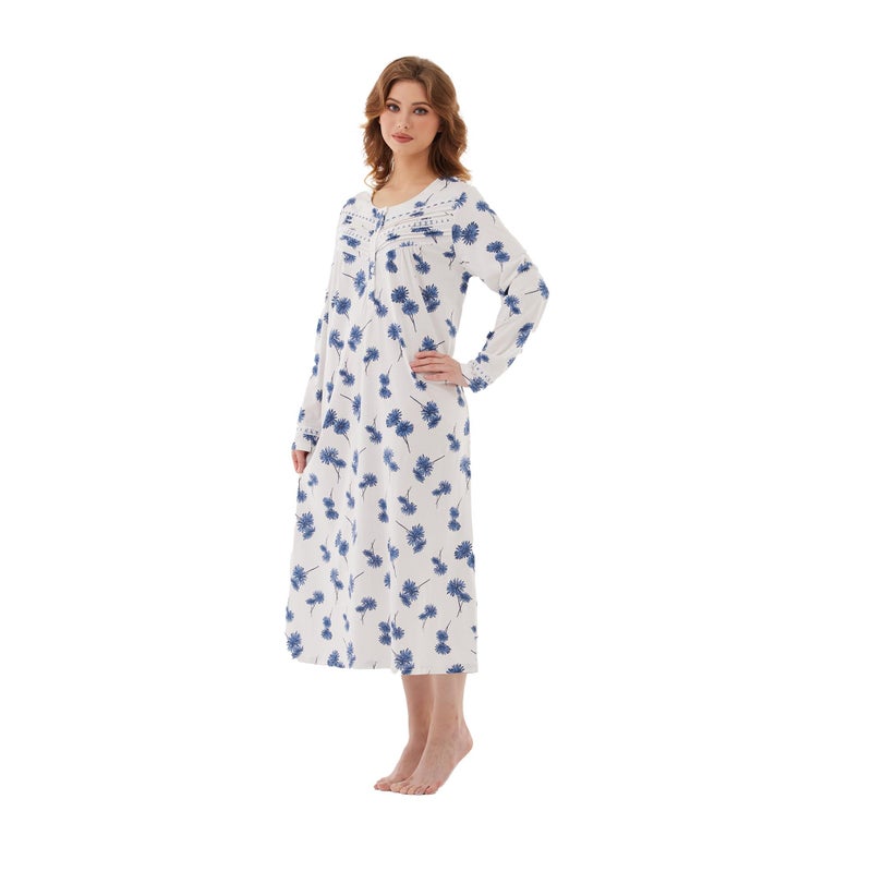 Keyocean Women Nightgowns, Soft Cotton Comfortable Long Sleeves Ladies Nightdress, Blue Danderlion, XX-Large (XXL) - Image 4