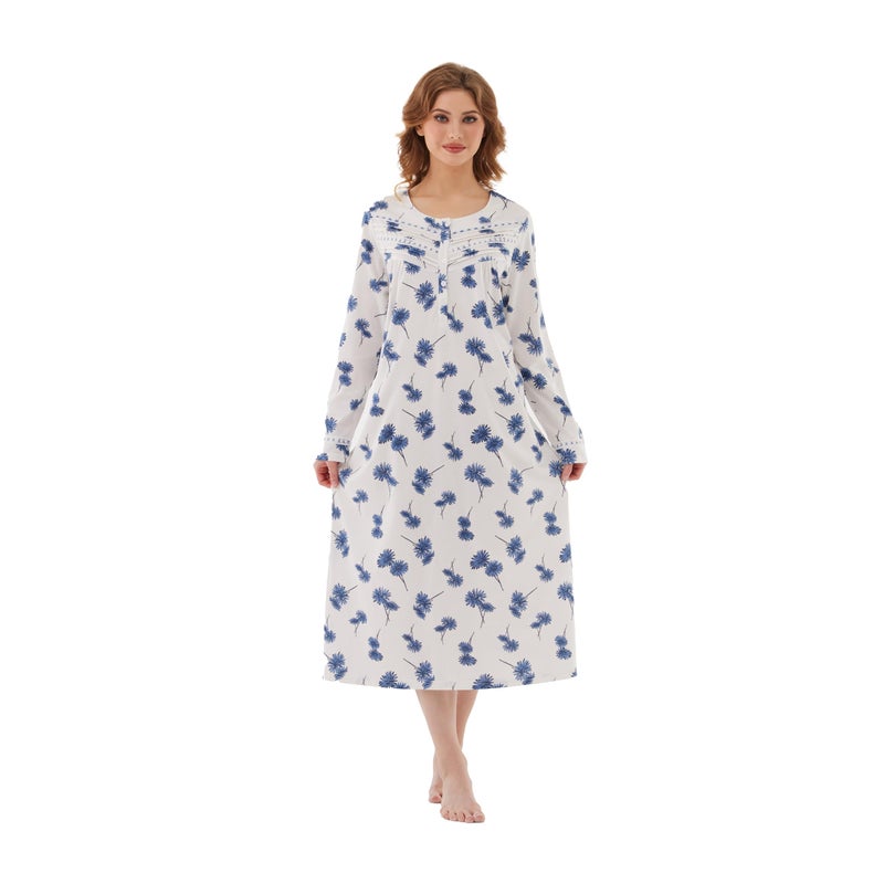 Keyocean Women Nightgowns, Soft Cotton Comfortable Long Sleeves Ladies Nightdress, Blue Danderlion, XX-Large (XXL) - Image 3