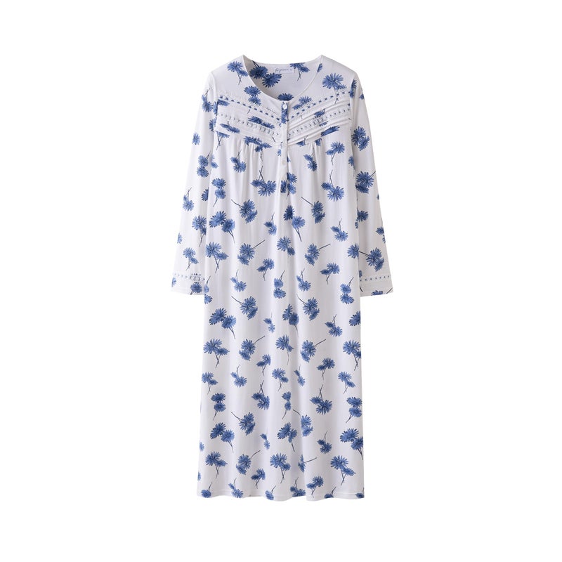 Keyocean Women Nightgowns, Soft Cotton Comfortable Long Sleeves Ladies Nightdress, Blue Danderlion, XX-Large (XXL) - Image 1