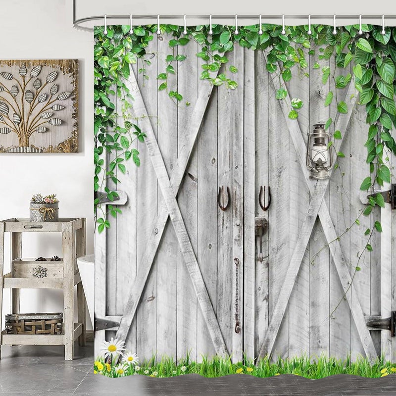 Jipusai Rustic Wooden Board Barn Door Shower Curtain Sets for Bathroom, Vintage Farmhouse Wooden Theme Plank Green Leaves Bath Curtain, Fabric Grass and Flowers Spring Decoration Curtains with Hooks 70X70IN - Image 3
