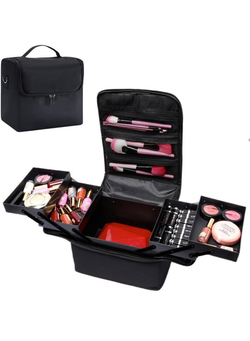 حقيبة مستحضرات تجميل للسفر مقاومة للماء بأربعة صواني قابلة للطي - منظم متعدد الوظائف خفيف الوزن مع فواصل لمستحضرات التجميل والفرش وأدوات النظافة (28*20*26 سم) - Image 1