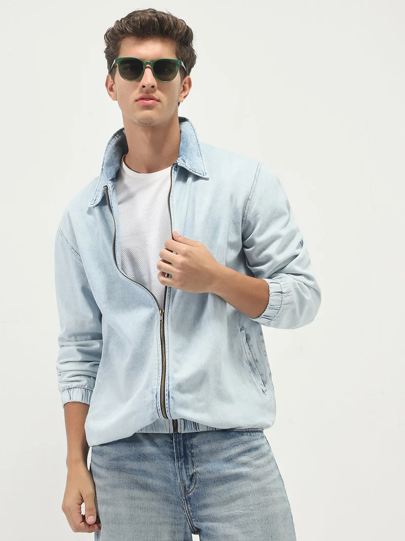 Urbano Fashion Urbano Fashion Men's Ice Blue Relaxed Fit Full Sleeve Harrington Denim Jacket