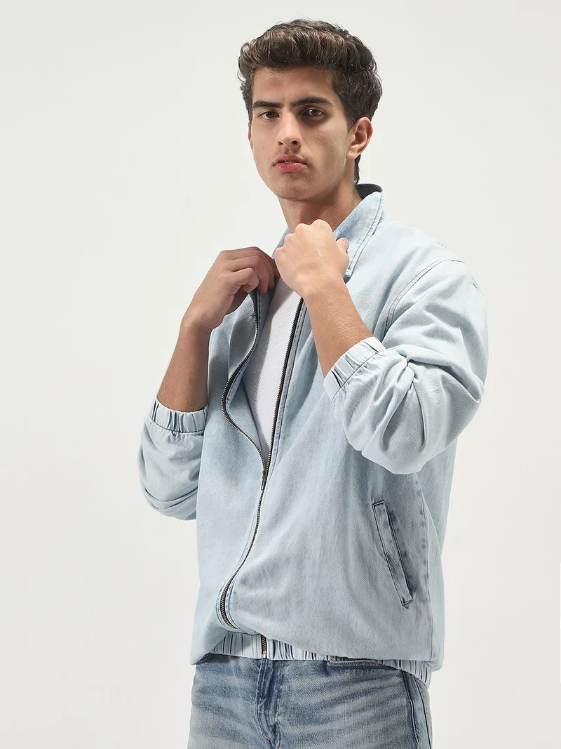 Urbano Fashion Urbano Fashion Men's Ice Blue Relaxed Fit Full Sleeve Harrington Denim Jacket