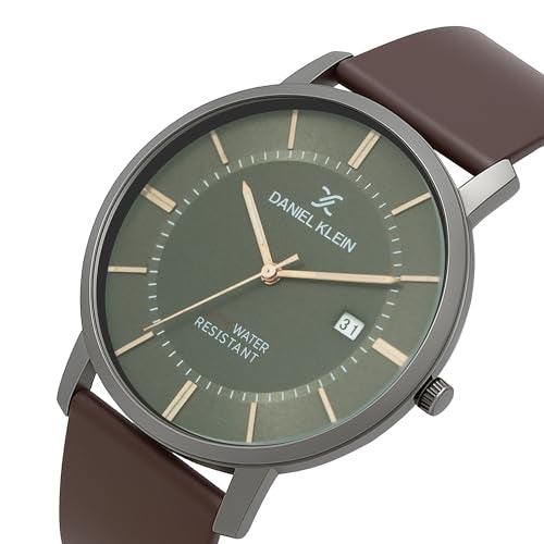DANIEL KLEIN Analog Grey Round Dial Silver Case Brown Leather Strap Date Water-Resistant Wrist Watch for Men Boys DK.1.12419-4 - Image 2